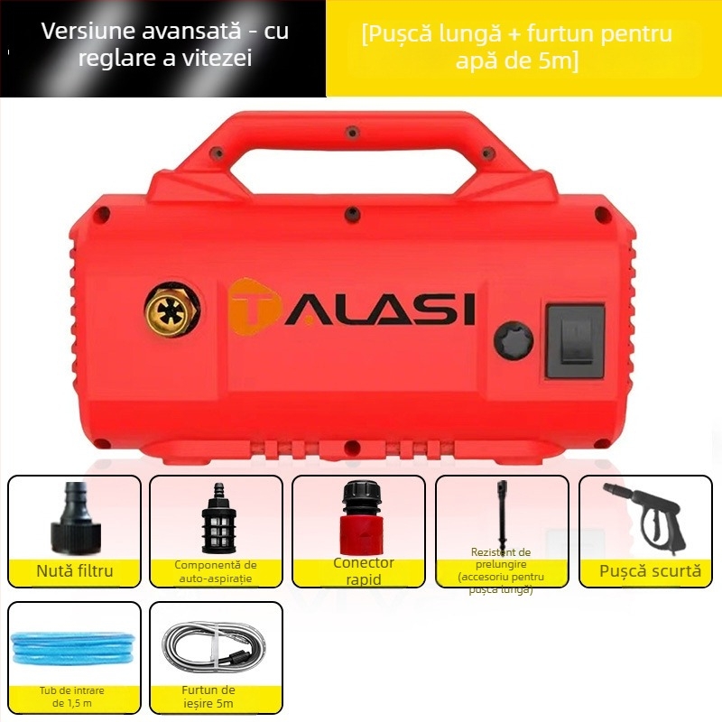 Mașină de spălat auto pentru uz casnic, înaltă presiune, 220V, 1200W, presiune maximă 100 bar, debit 9 L/min, model T06