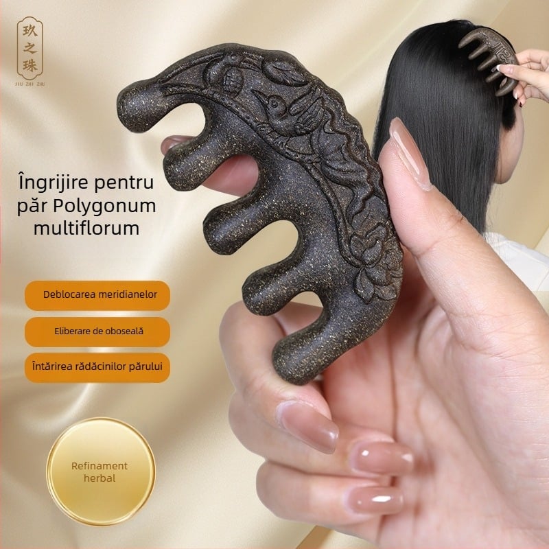 Pieptene din lemn cu Polygonum multiflorum pentru masajul scalpului și stimularea meridianelor – Medicina tradițională chineză