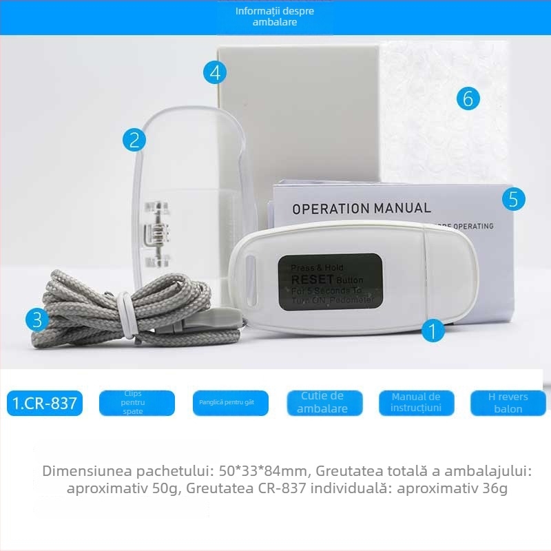 Pedometru cu iluminare 3D, funcție unică, clips de montare pe spate și șnur de purtare, corp ABS, specificații: 50