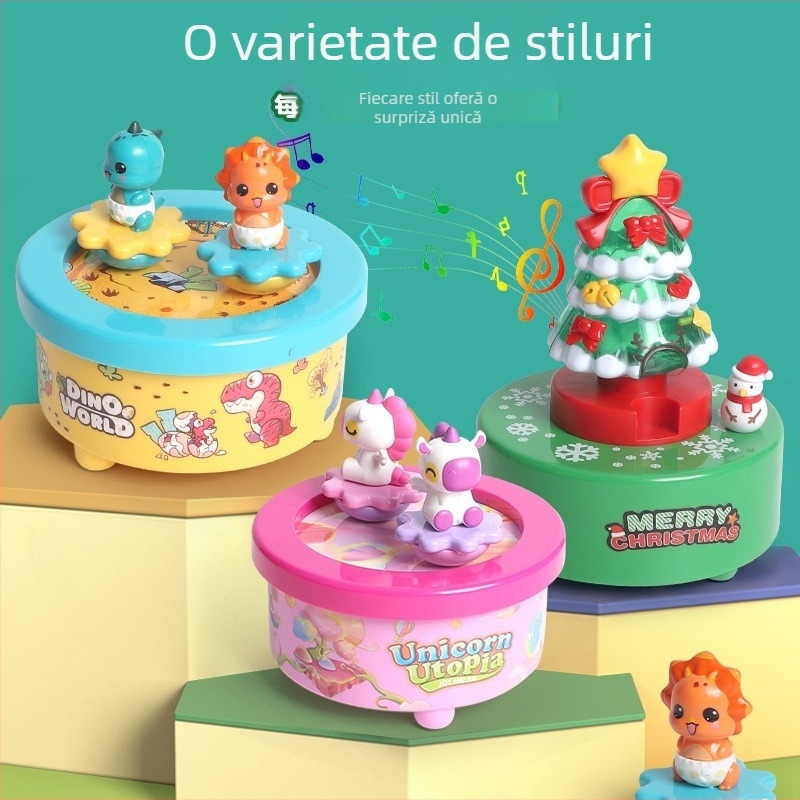 Ornament muzical rotativ pentru bradul de Crăciun, cu figura de dinozaur, lumină și efecte sonore (din plastic • vopsit • procesare personalizabilă • imprimare logo • mărci private autorizate)