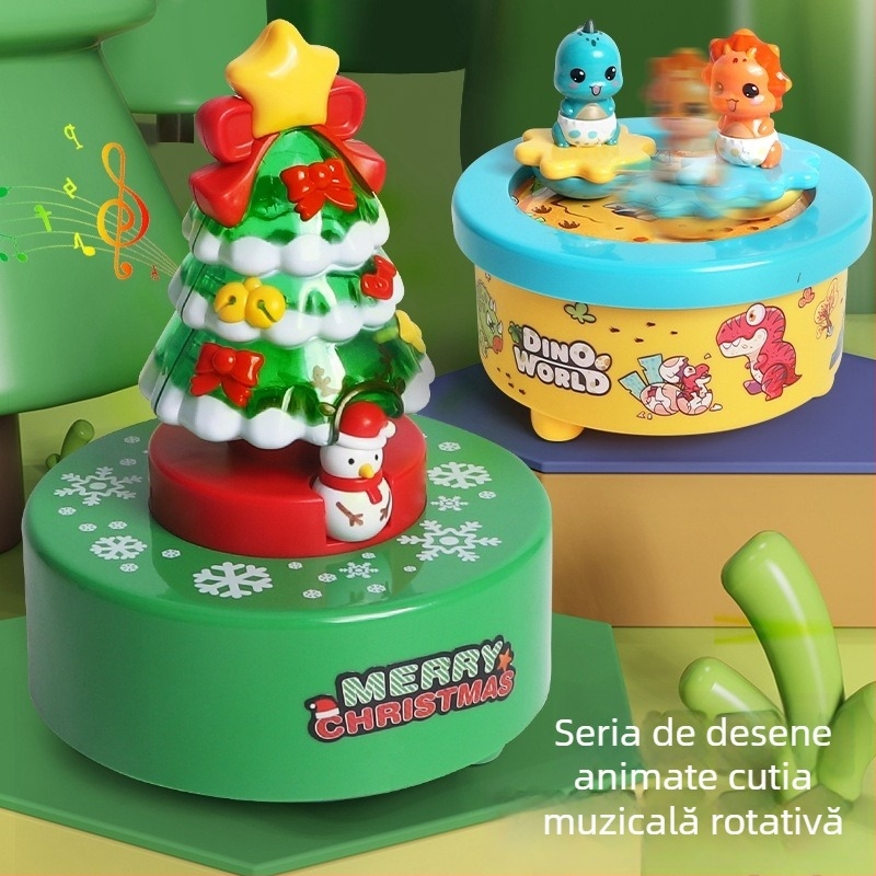 Ornament muzical rotativ pentru bradul de Crăciun, cu figura de dinozaur, lumină și efecte sonore (din plastic • vopsit • procesare personalizabilă • imprimare logo • mărci private autorizate)
