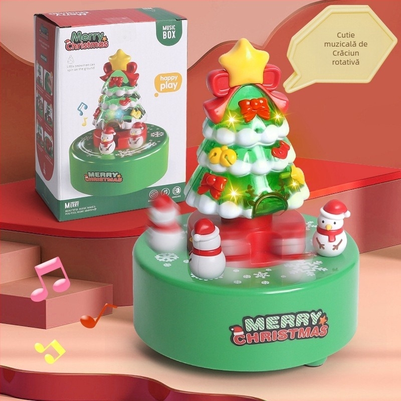 Ornament muzical rotativ pentru bradul de Crăciun, cu figura de dinozaur, lumină și efecte sonore (din plastic • vopsit • procesare personalizabilă • imprimare logo • mărci private autorizate)