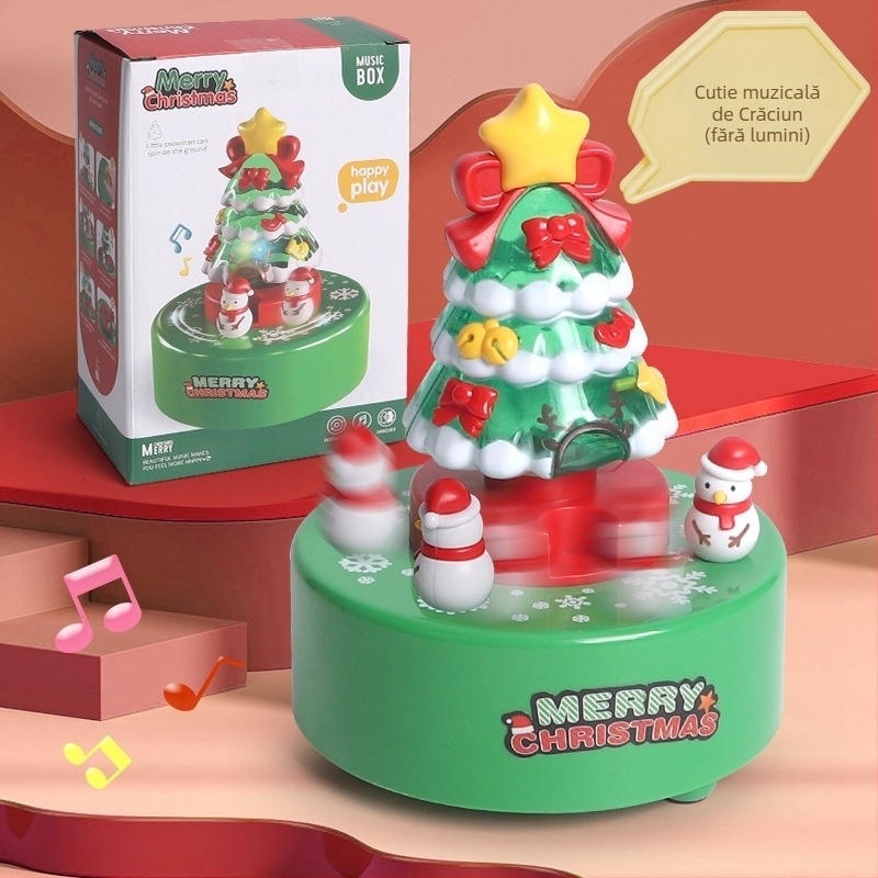 Ornament muzical rotativ pentru bradul de Crăciun, cu figura de dinozaur, lumină și efecte sonore (din plastic • vopsit • procesare personalizabilă • imprimare logo • mărci private autorizate)