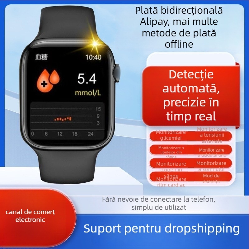 Ceas inteligent cu monitorizare glicemie, tensiune arterială, acid uric și ritm cardiac, plăți NFC
