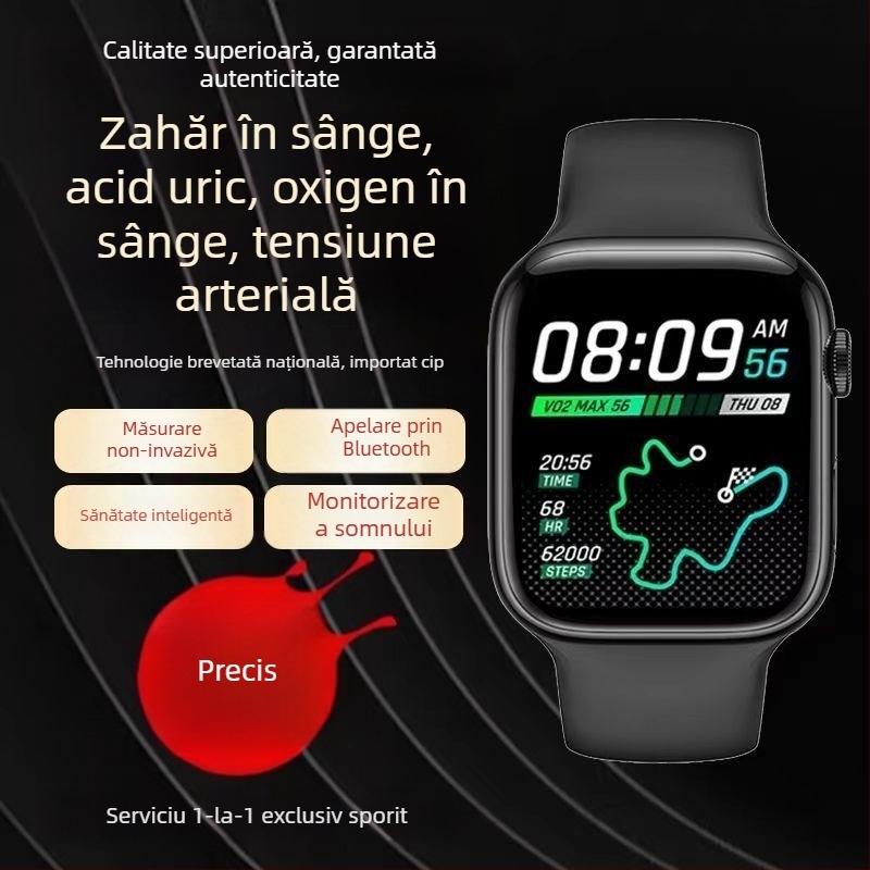 Ceas inteligent cu monitorizare glicemie, tensiune arterială, acid uric și ritm cardiac, plăți NFC