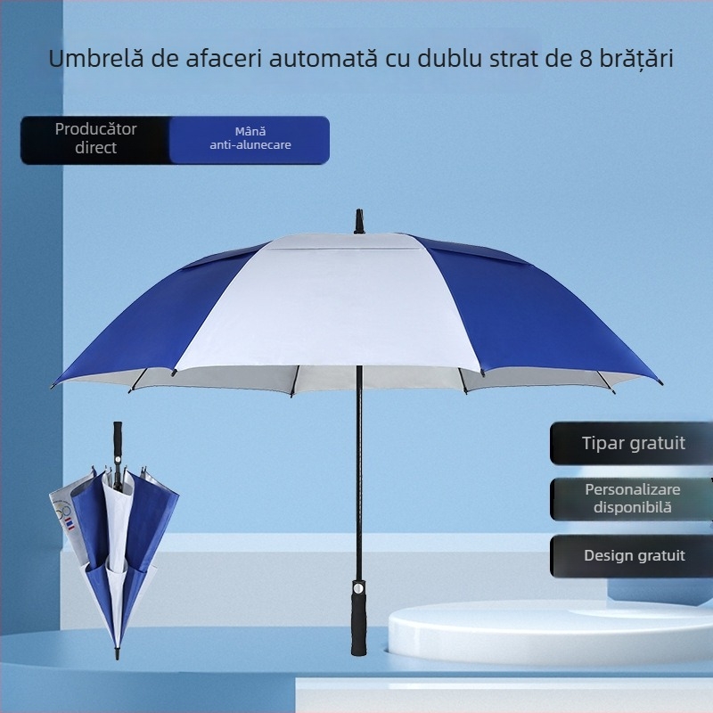 Umbrelă de golf cu 8 brațe, cupolă cu două straturi, deschidere automată, țesătură 210T, nervuri din fibră, mâner din spumă