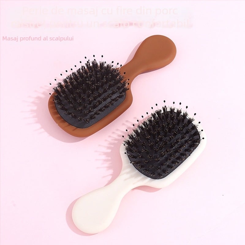 Pieptene mini cu pernă de aer pentru masajul părului, utilizare udă/uscată, corp ABS, peri din păr de porc