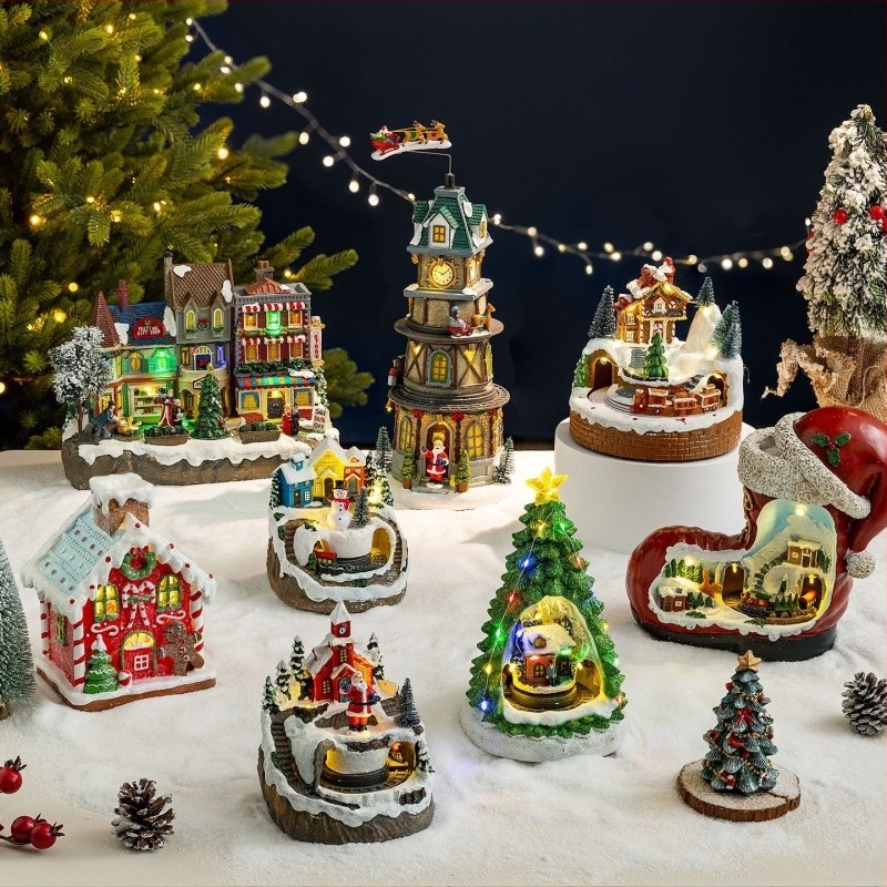 Meimei Crafts Cutie muzicală de Crăciun - rășină, iluminare și tren rotativ, stil European și American