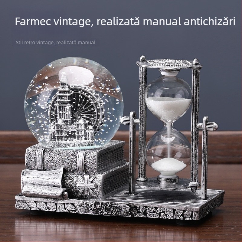 Clepsidră cu bilă de cristal – ornament de birou, rășină, stil clasic