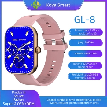 Smartwatch cu IP68, design pătrat, carcasă din titan; monitorizare sănătate: ritm cardiac, tensiune arterială, SpO2, monitorizare somn; autonomie baterie 15–21 zile