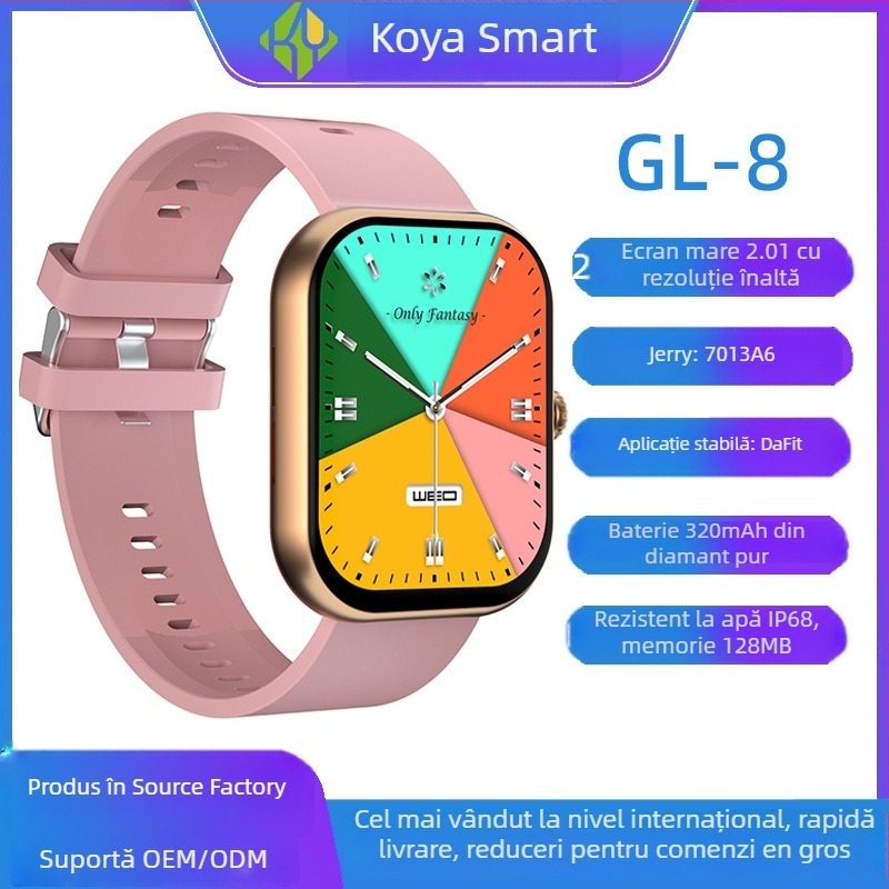 Smartwatch cu IP68, design pătrat, carcasă din titan; monitorizare sănătate: ritm cardiac, tensiune arterială, SpO2, monitorizare somn; autonomie baterie 15–21 zile