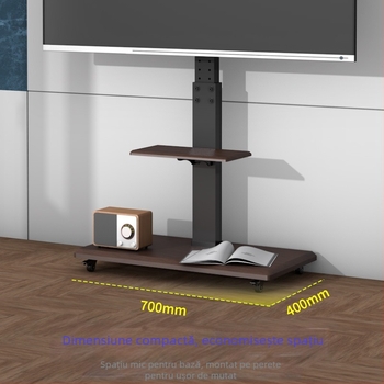 Suport TV pe podea mobil cu raft de depozitare, roți universale, structură din oțel laminat la rece; compatibil cu televizoare inteligente.