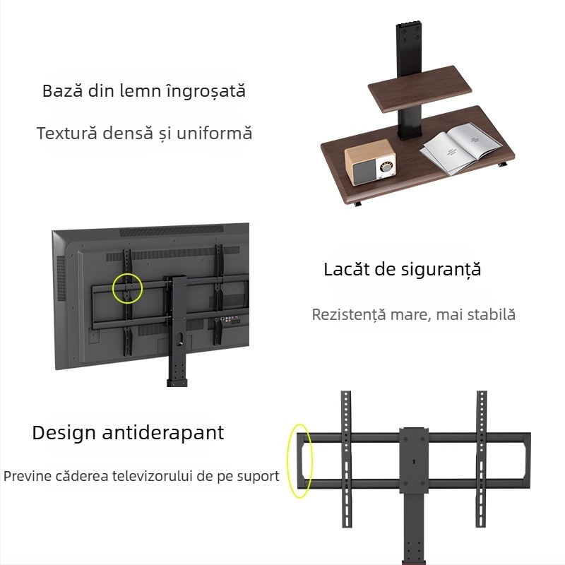 Suport TV pe podea mobil cu raft de depozitare, roți universale, structură din oțel laminat la rece; compatibil cu televizoare inteligente.