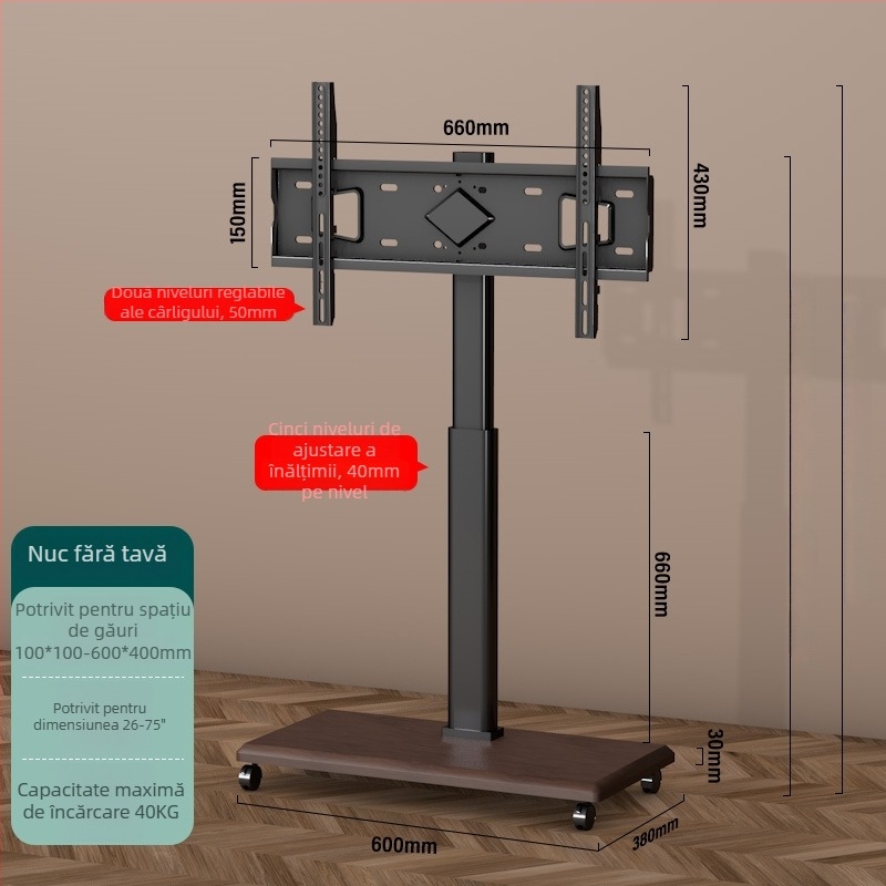 Suport TV pe podea mobil cu raft de depozitare, roți universale, structură din oțel laminat la rece; compatibil cu televizoare inteligente.