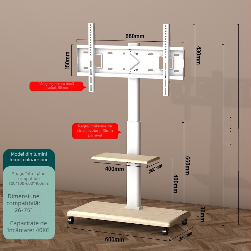 Suport TV pe podea mobil cu raft de depozitare, roți universale, structură din oțel laminat la rece; compatibil cu televizoare inteligente.