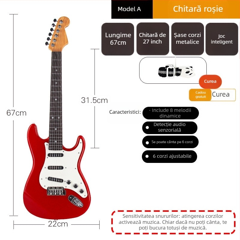 Chitară electrică de jucărie din plastic cu 6 corzi pentru copii – instrument muzical pentru începători, cu ghid video