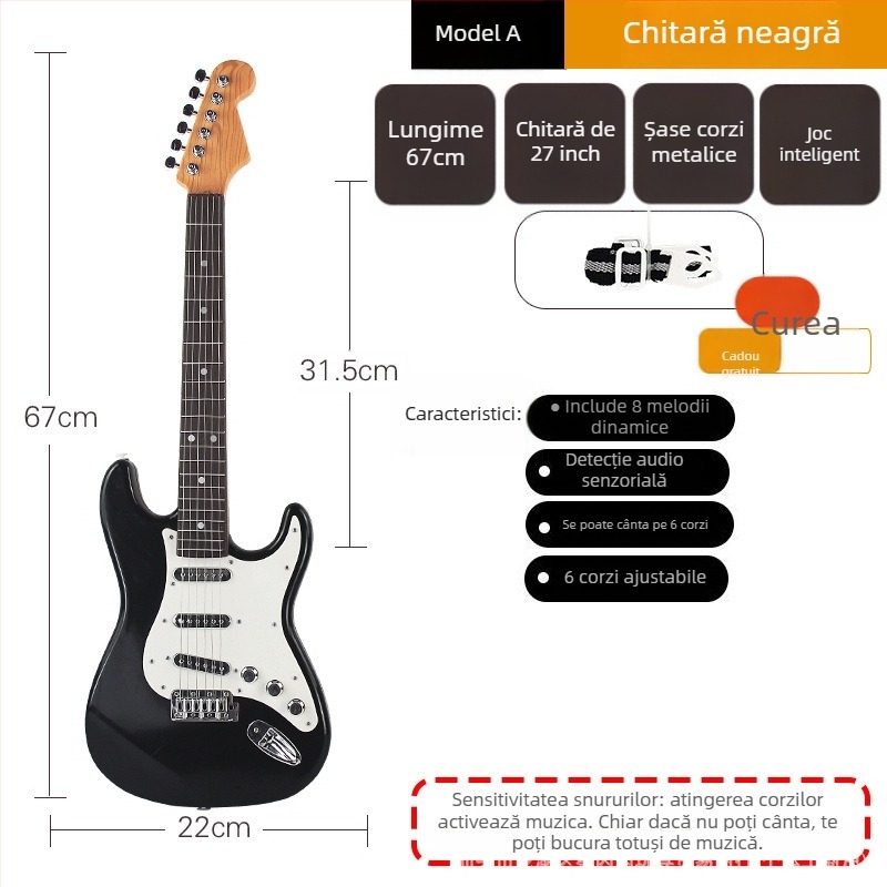 Chitară electrică de jucărie din plastic cu 6 corzi pentru copii – instrument muzical pentru începători, cu ghid video
