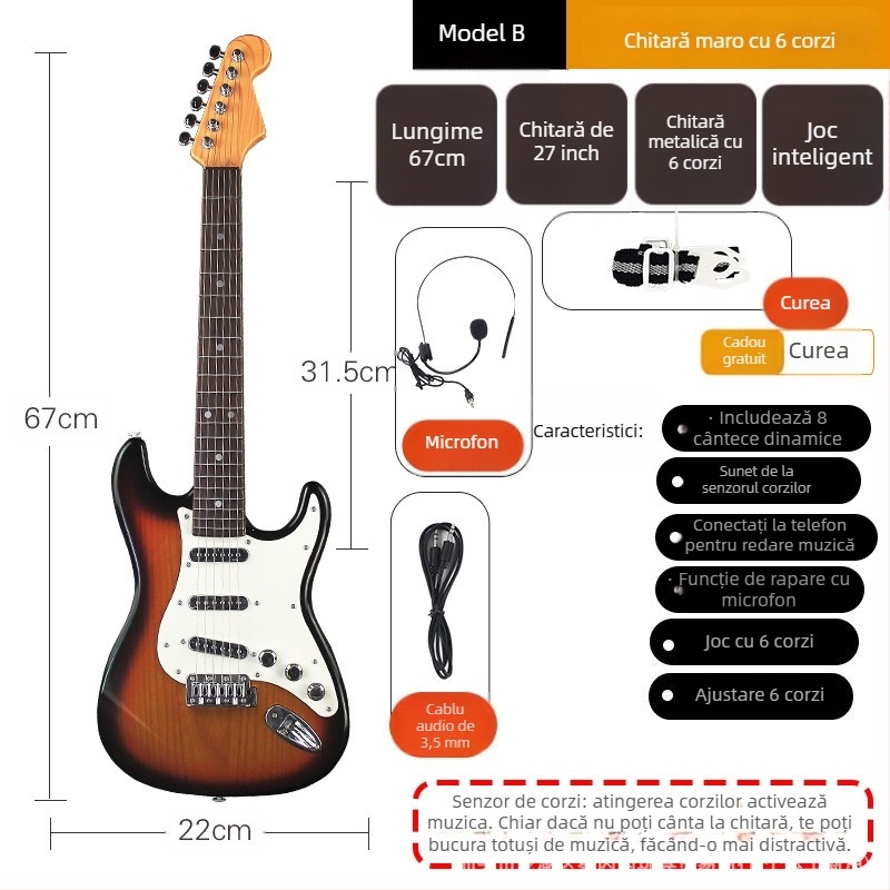 Chitară electrică de jucărie din plastic cu 6 corzi pentru copii – instrument muzical pentru începători, cu ghid video