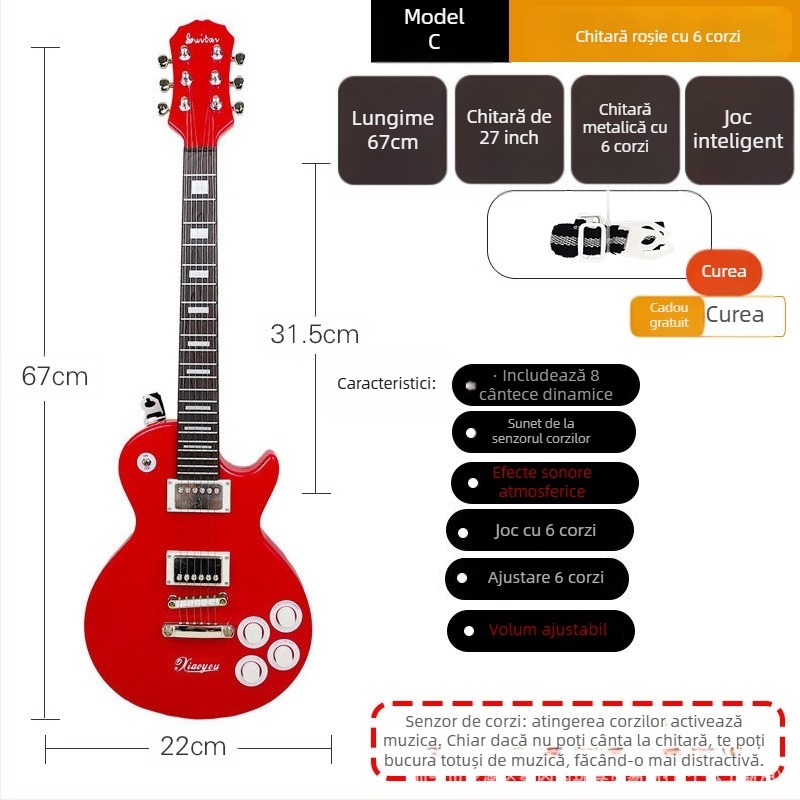 Chitară electrică de jucărie din plastic cu 6 corzi pentru copii – instrument muzical pentru începători, cu ghid video