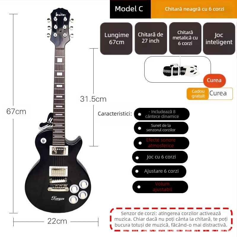 Chitară electrică de jucărie din plastic cu 6 corzi pentru copii – instrument muzical pentru începători, cu ghid video