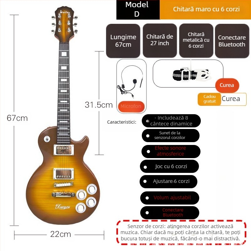 Chitară electrică de jucărie din plastic cu 6 corzi pentru copii – instrument muzical pentru începători, cu ghid video