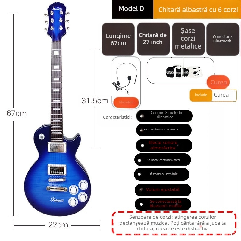 Chitară electrică de jucărie din plastic cu 6 corzi pentru copii – instrument muzical pentru începători, cu ghid video