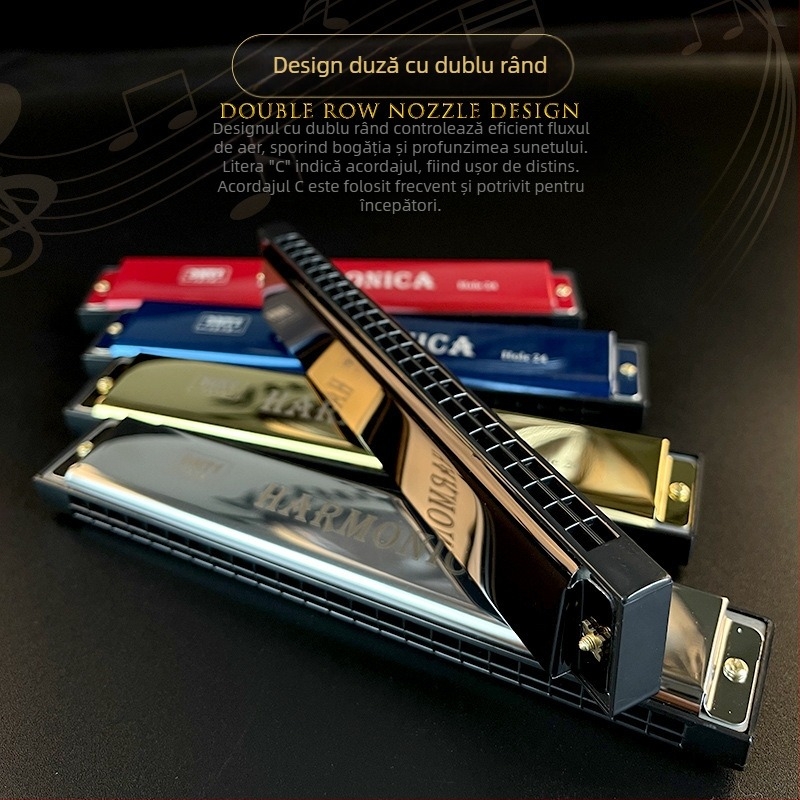 Armonică metalică pentru copii, cromatică, cu 24 de găuri, două rânduri, capac cromat din cupru