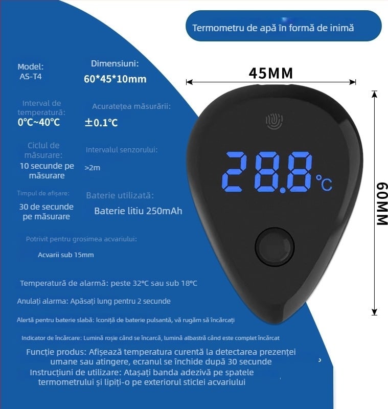 Termometru acvariu, formă de picătură, material ABS, măsoară temperatura apei