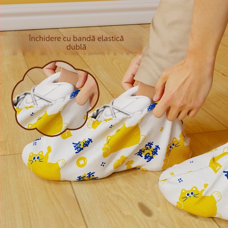 Protecții de pantofi de unică folosință pentru interior, din material nețesut gros, imprimeu cu pisică norocoasă, praf și antiderapante, pentru uz casnic și sala de calculatoare a școlii