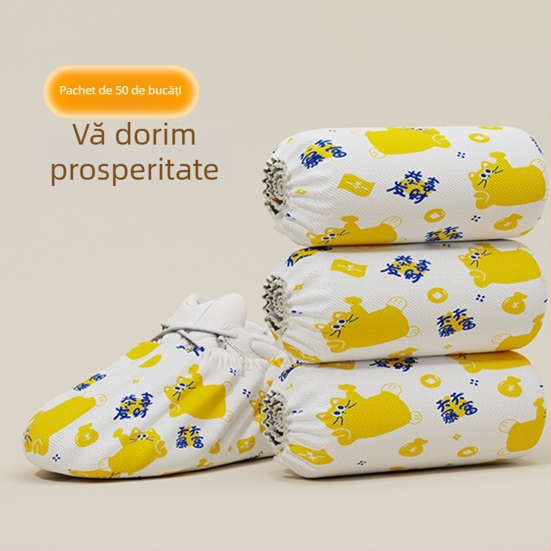 Protecții de pantofi de unică folosință pentru interior, din material nețesut gros, imprimeu cu pisică norocoasă, praf și antiderapante, pentru uz casnic și sala de calculatoare a școlii