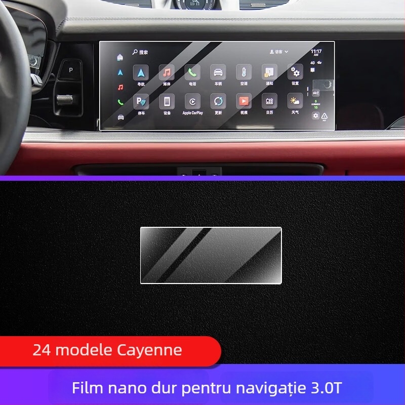 TPU folie de protecție interior Porsche Cayenne — display instrumente și navigație, consolă centrală și selector de viteze — turnare all-in-one, rezistentă la temperaturi înalte/scăzute, zgârieturi și uzură, anti-amprentă și pete uleioase