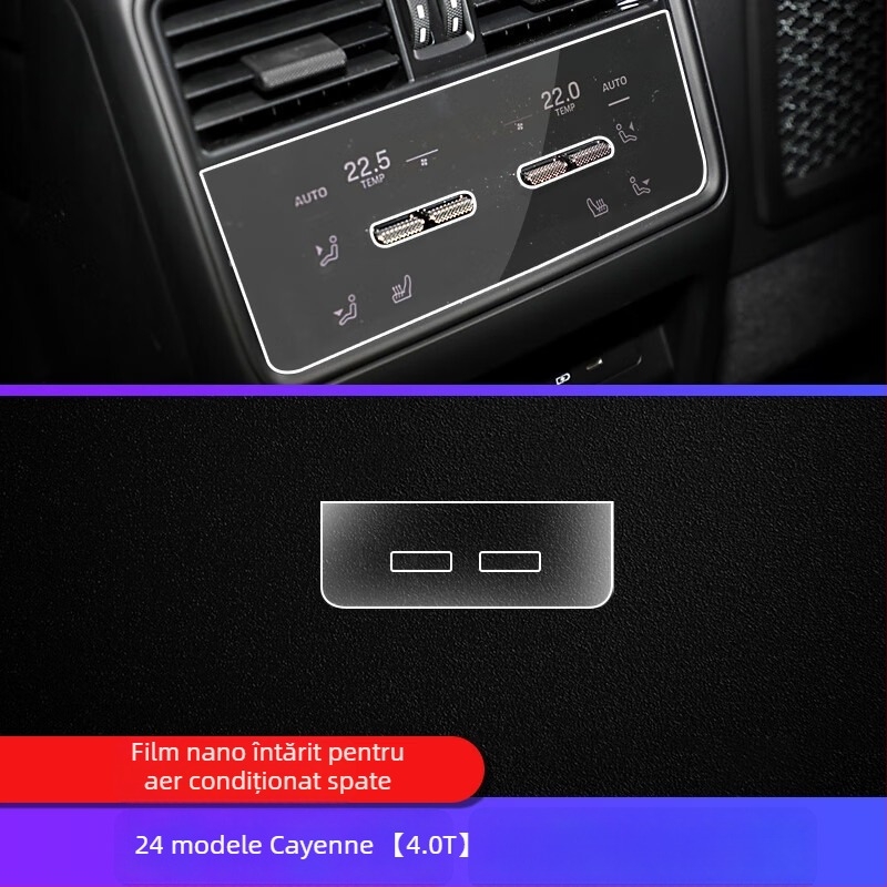 TPU folie de protecție interior Porsche Cayenne — display instrumente și navigație, consolă centrală și selector de viteze — turnare all-in-one, rezistentă la temperaturi înalte/scăzute, zgârieturi și uzură, anti-amprentă și pete uleioase