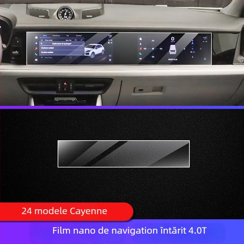 TPU folie de protecție interior Porsche Cayenne — display instrumente și navigație, consolă centrală și selector de viteze — turnare all-in-one, rezistentă la temperaturi înalte/scăzute, zgârieturi și uzură, anti-amprentă și pete uleioase