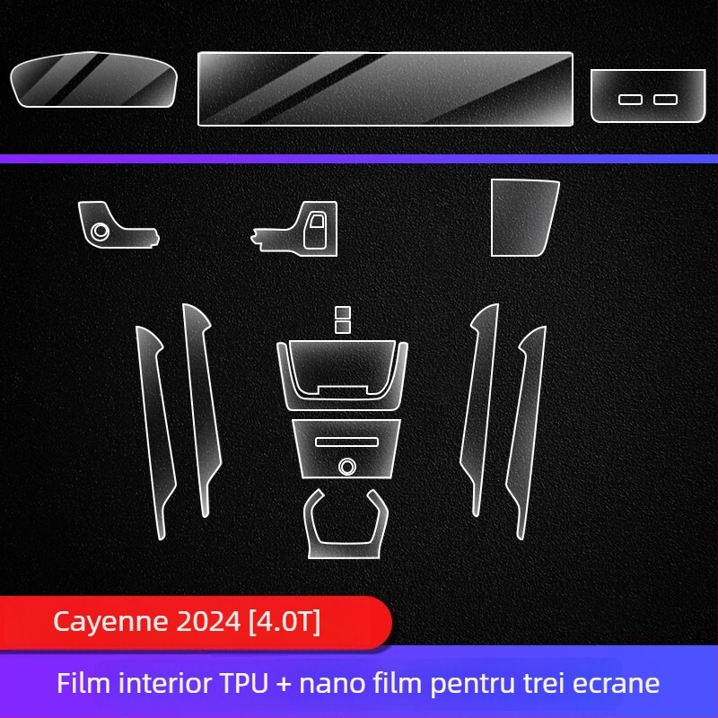 TPU folie de protecție interior Porsche Cayenne — display instrumente și navigație, consolă centrală și selector de viteze — turnare all-in-one, rezistentă la temperaturi înalte/scăzute, zgârieturi și uzură, anti-amprentă și pete uleioase