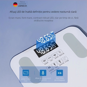 Oufanda Bluetooth Cântar corpului cu test de grăsime și apă, 0,2–180 kg, sticlă securizată, pentru adulți