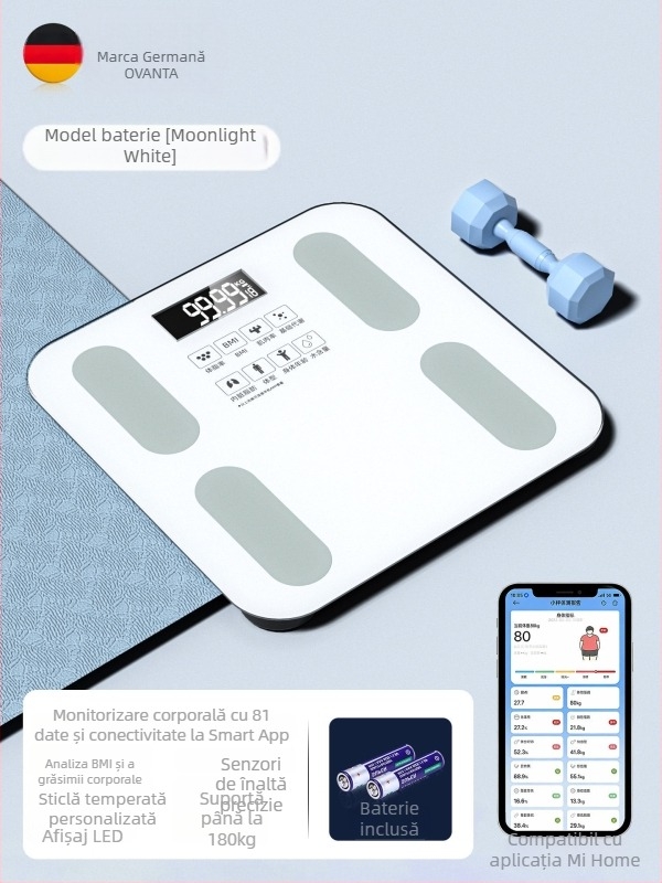 Oufanda Bluetooth Cântar corpului cu test de grăsime și apă, 0,2–180 kg, sticlă securizată, pentru adulți