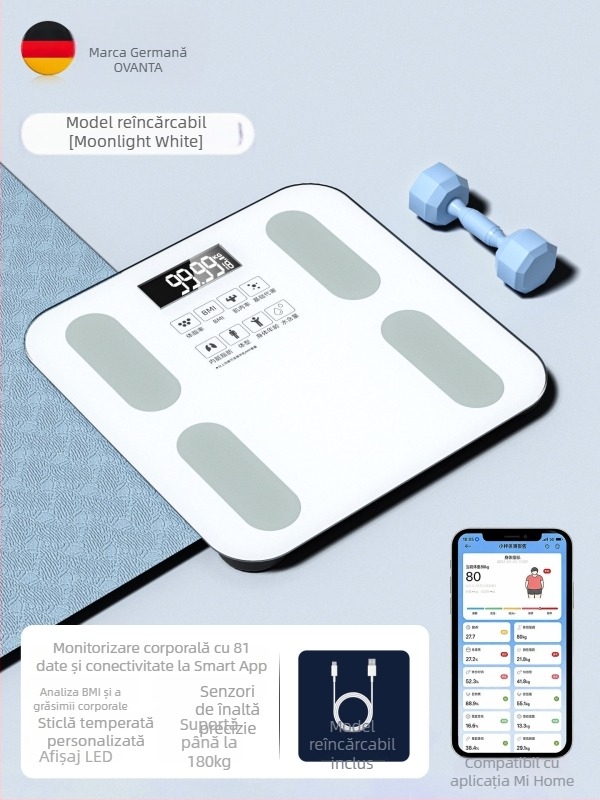 Oufanda Bluetooth Cântar corpului cu test de grăsime și apă, 0,2–180 kg, sticlă securizată, pentru adulți