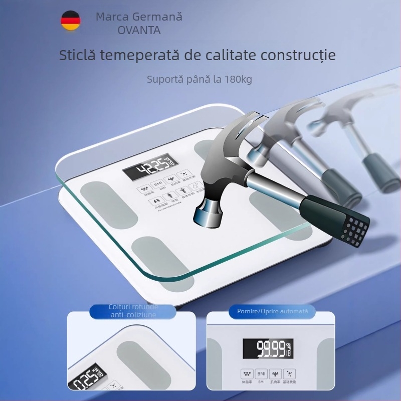 Oufanda Bluetooth Cântar corpului cu test de grăsime și apă, 0,2–180 kg, sticlă securizată, pentru adulți