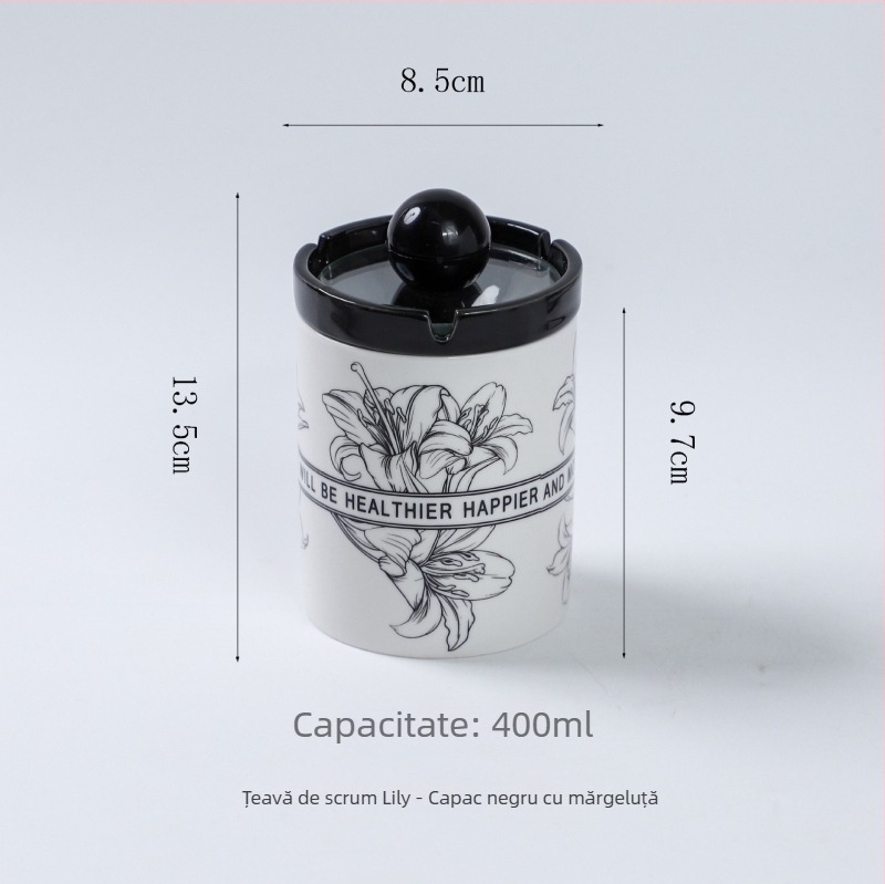 Scrumieră ceramică cu capac, motiv crin, rezistentă la vânt, potrivită pentru casă, sufragerie și birou