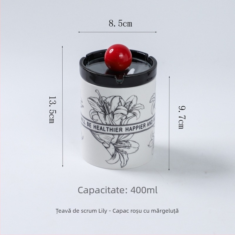 Scrumieră ceramică cu capac, motiv crin, rezistentă la vânt, potrivită pentru casă, sufragerie și birou