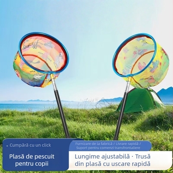 Plasă de pescuit pentru copii, extensibilă cu mâner telescopic, din aliaj de aluminiu, plasă fină