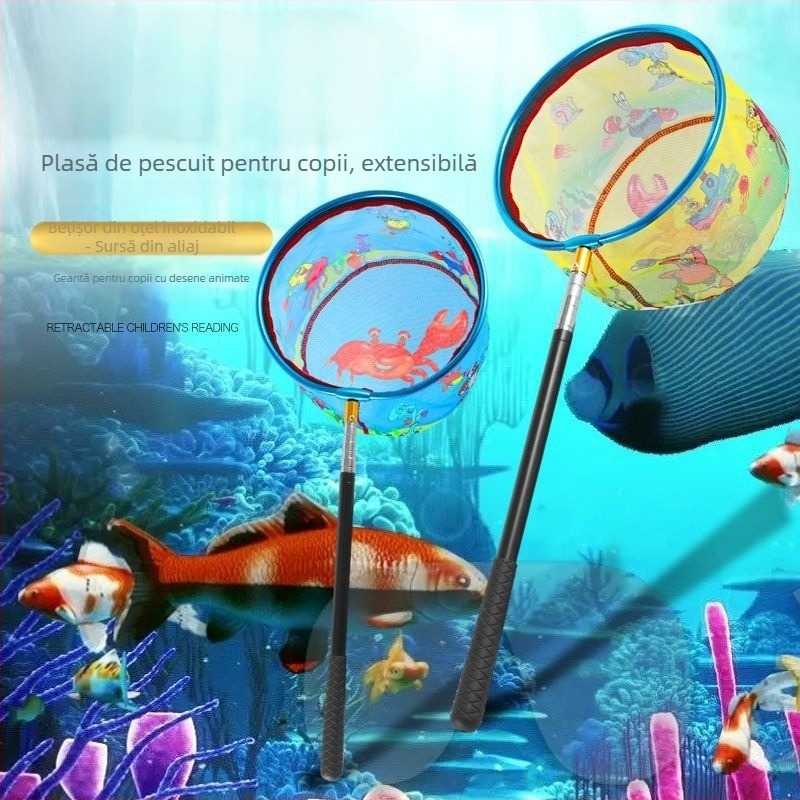 Plasă de pescuit pentru copii, extensibilă cu mâner telescopic, din aliaj de aluminiu, plasă fină