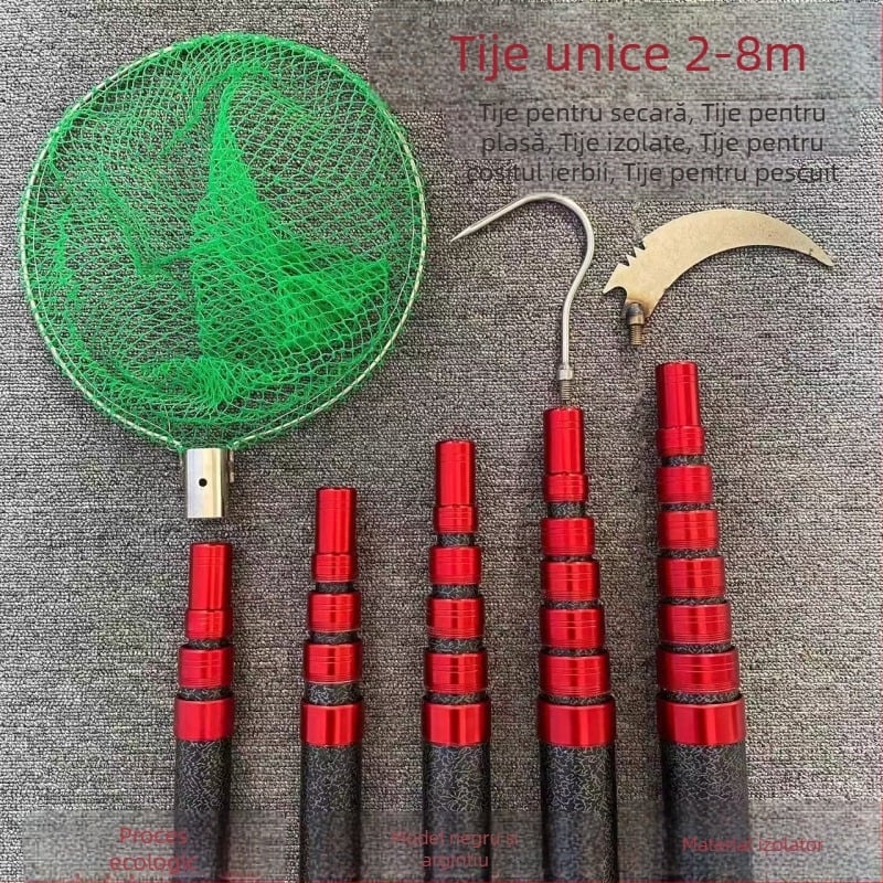 Tije telescopice izolate pentru cules fructe cu cap de plasă; material: Fiberglass; ochiuri groase; retractabil: Da