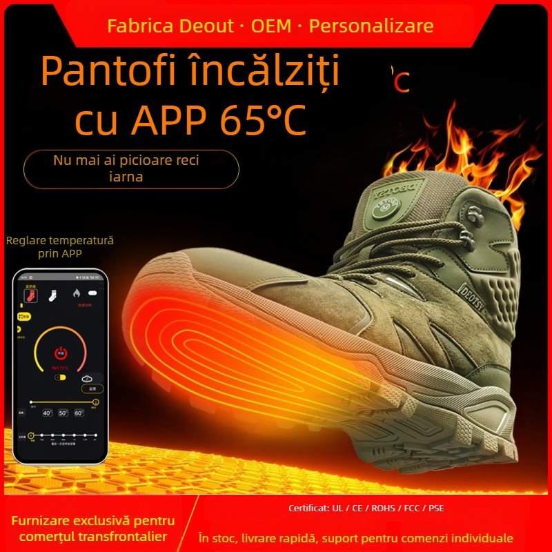 Papuci încălziți pentru exterior, temperatură reglabilă, alimentare USB, unisex, partea superioară din piele naturală, talpă EVA