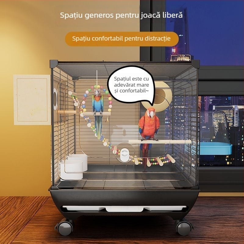 Vilă de cuști pentru papagali de lux, pentru uz casnic, din acrilic, cu două etaje, protecție împotriva stropirii, design anti-evadare, sistem cu role, include accesorii