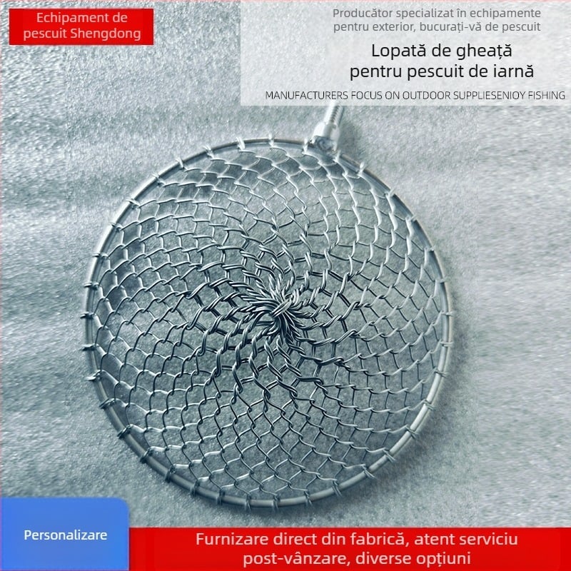 Cap de plasă pentru pescuit pe gheață, cu plasă din fier galvanizat, formă de lingură