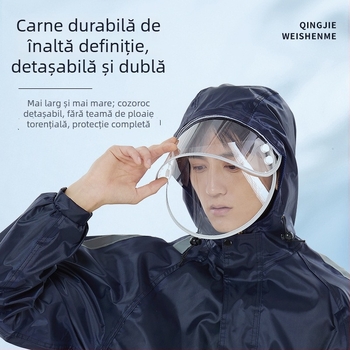 Set de ploaie pentru adulți: palton de ploaie și pantaloni, cu căptușeală din plasă impermeabilă, material Oxford, glugă cu margine largă