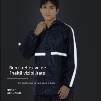 Set de ploaie pentru adulți: palton de ploaie și pantaloni, cu căptușeală din plasă impermeabilă, material Oxford, glugă cu margine largă