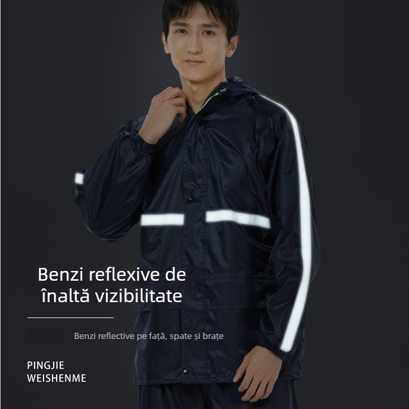 Set de ploaie pentru adulți: palton de ploaie și pantaloni, cu căptușeală din plasă impermeabilă, material Oxford, glugă cu margine largă