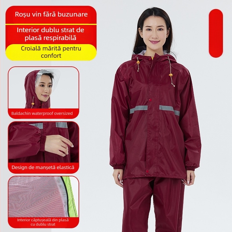 Set de ploaie pentru adulți: palton de ploaie și pantaloni, cu căptușeală din plasă impermeabilă, material Oxford, glugă cu margine largă
